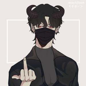 A picrew of David, has horns, red eyes, a jacket, earring, and is flipping the camera off.