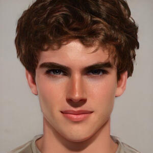 An image of Wilbur from Artbreeder. An white man looking forwards while smiling.