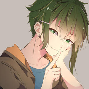 An picrew of Jyles. Has green hair, a sly smile, and a single finger up to indicate you to stay silent.